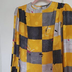 Vintage 80s Yellow Abstract Long Sleeve Blouse